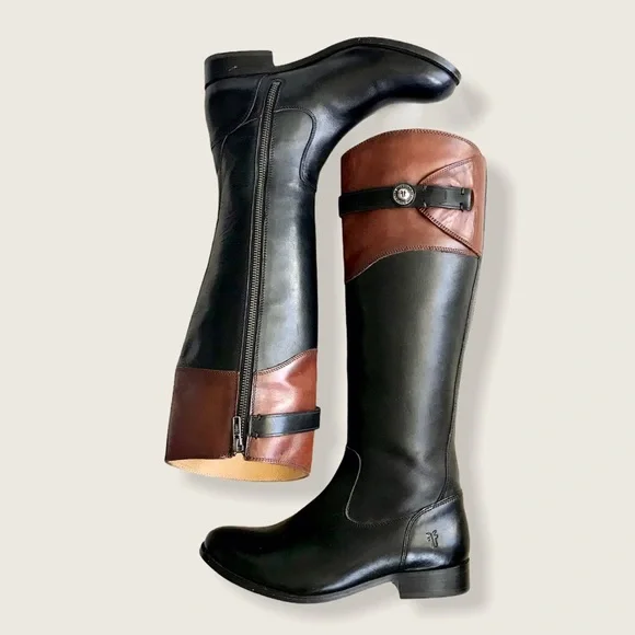 $399 Frye Molly Button Black Brown Multicolor Leather Equestrian Riding Boots